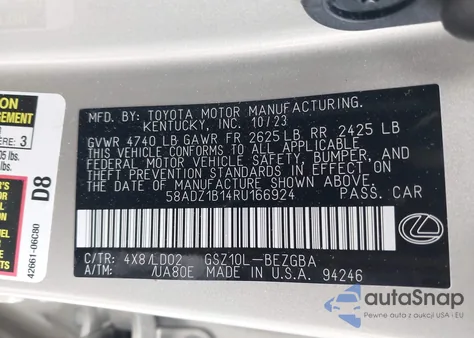 2024 Lexus Es 350 из США, поврежденный, VIN 58ADZ1B14RU166924